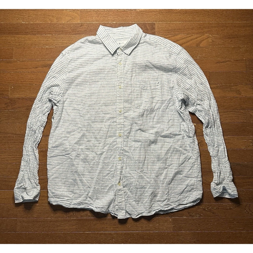 GAP‎ Button Up Mens XXL Stripe Blue White Linen Blend Standard Fit Long Sleeve